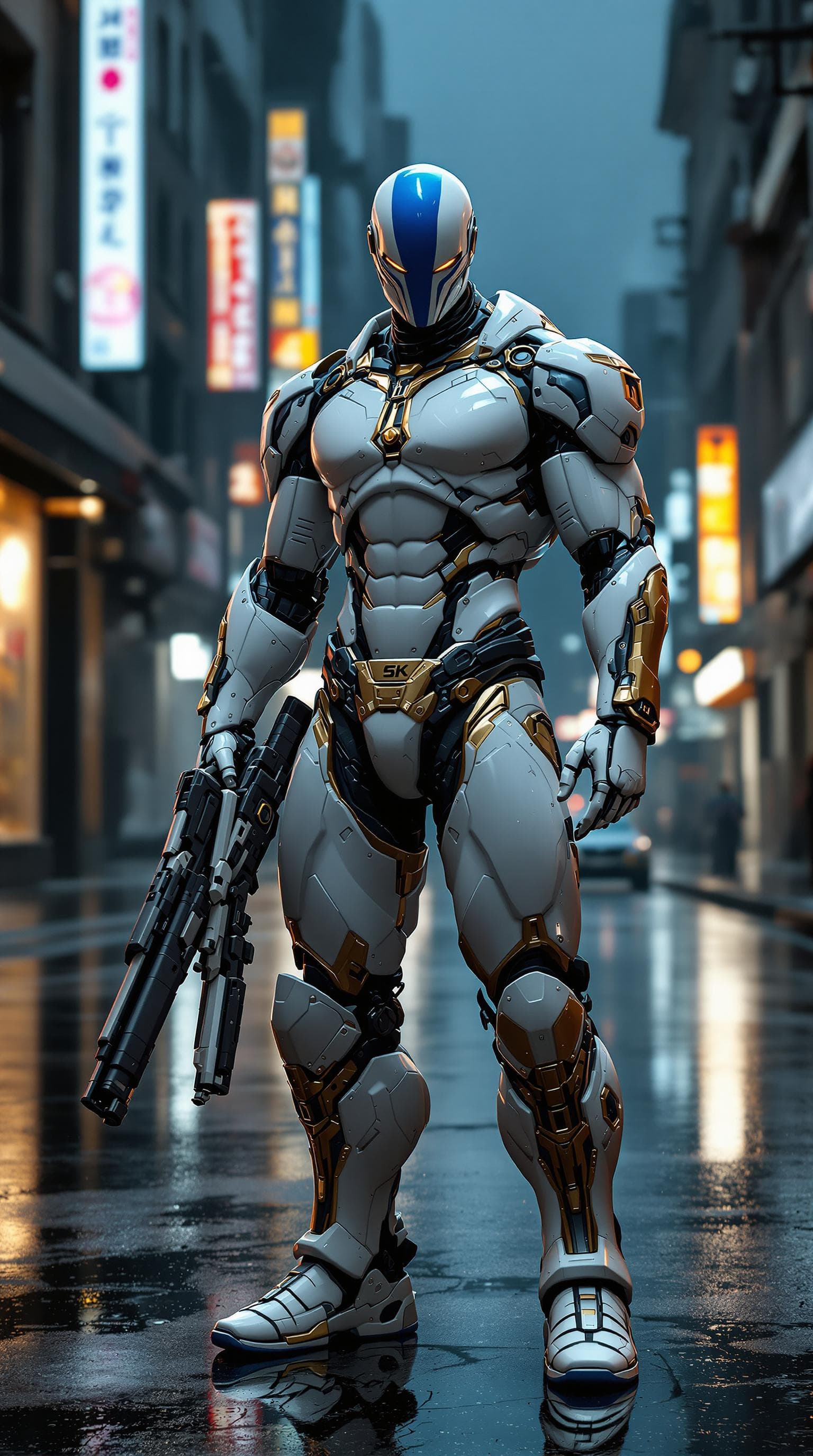 AI generated: porcelain white with blue paint and gold , cyber, 8k, ultra realistic, cyborg, transhumanism, futuri...