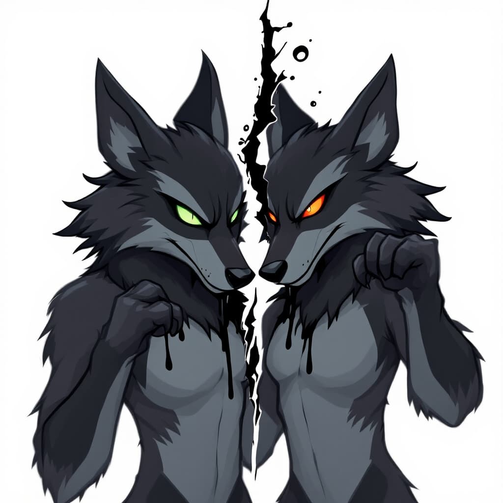 AI generated: Two Black Wolf almost toony full body fursonas with dark gray, closer to black, highlights. It also ...