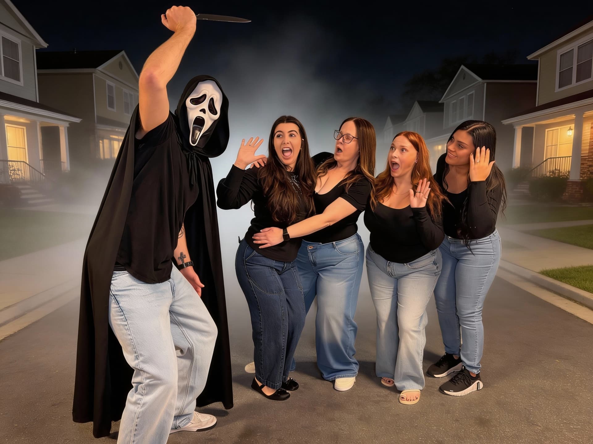 AI generated: make background a foggy neighborhood in at night, put a black robe on the guy with a mask. make the ...