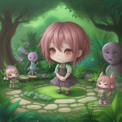 AI generated: A chibi in a magical garden full of talking plants and enchanted creatures.