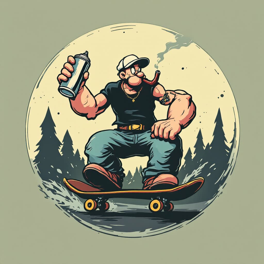 AI generated: round logo style vintage cartoon of popeye riding a skateboard while soking his pipe & holding a spr...