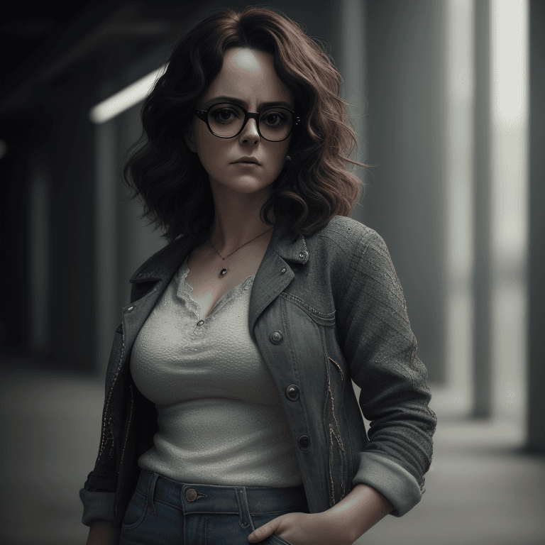 AI generated: Super-Realistic potrait of Marla Singer standing at photoshoot location, worn a detailed texture chi...