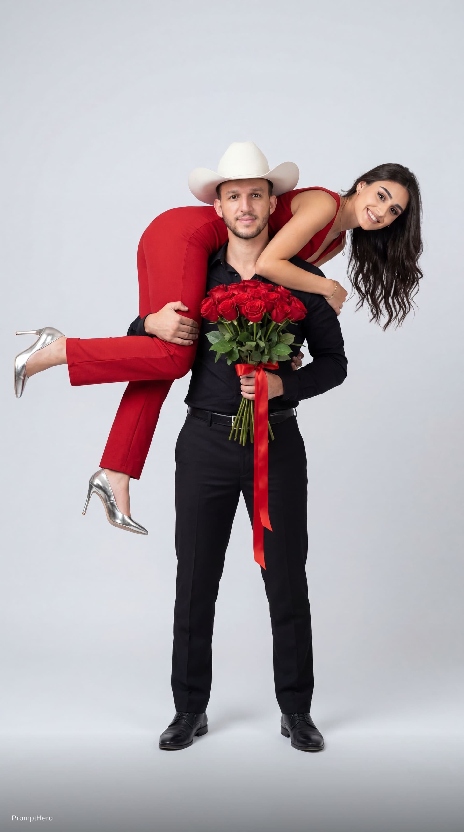 AI generated: Ultra realistic studio couple portrait, romantic fashion editorial photoshoot, minimalist studio bac...