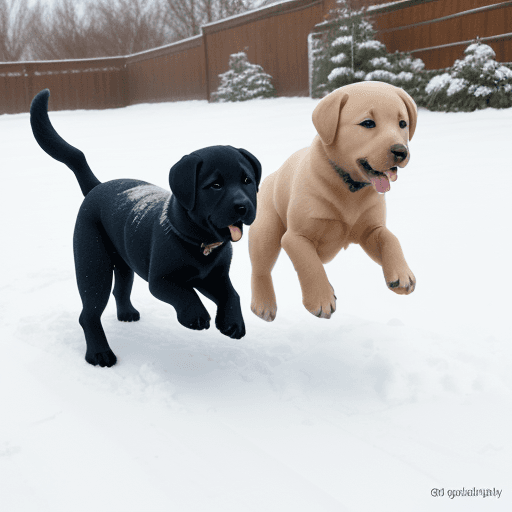 AI generated: 2 Labrador puppies, tumbling and playing in the snow,