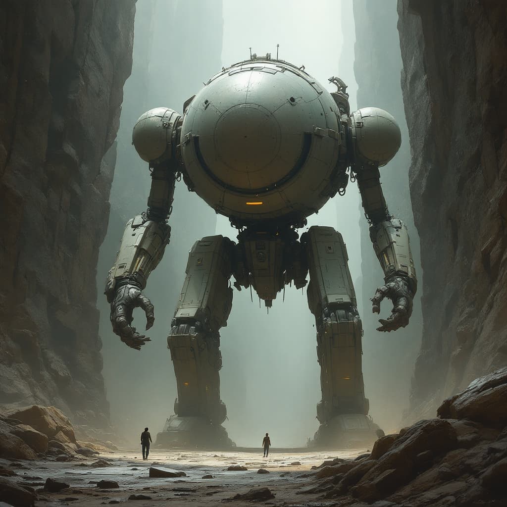AI generated: A giant mech with a large round head, concept art in the style of Peter Mohrbacher and Craig Mullins...