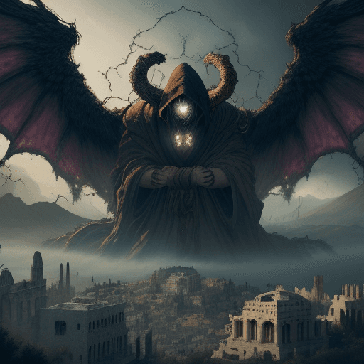 AI generated: A tapestry of a giant monster in a robe and a hood over its head obscuring it's face  with only two ...