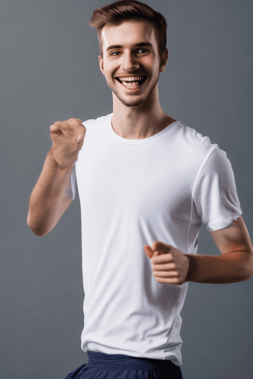 AI generated: men in his 20s. We see the man full body. Detailed. The man dancing. the man sports wear, white back...