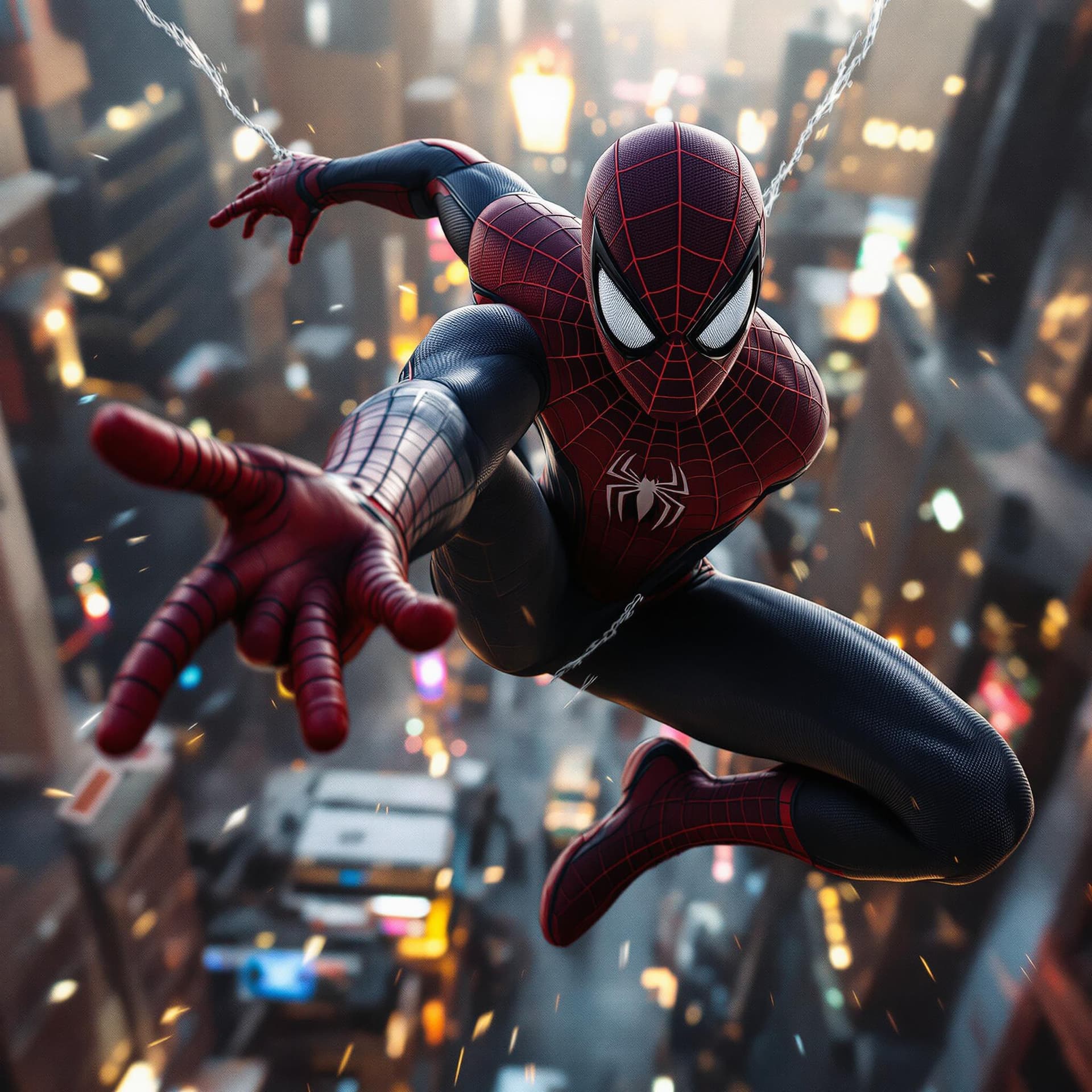 AI generated: a high quality realistic photo of spiderman in a black suit swinging towards the camera