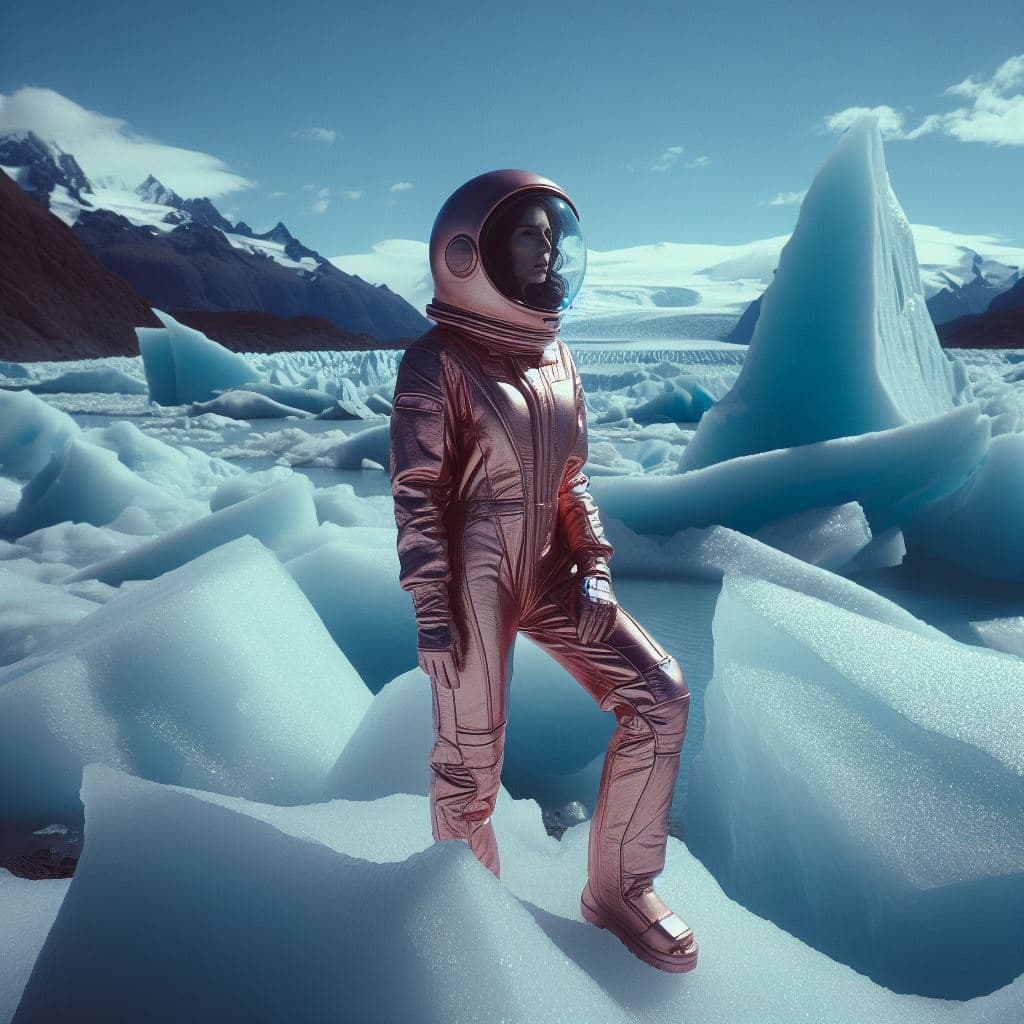 AI generated: Fashion film in the icefields of Patagonia, a stunning supermodel in an incomplete Astronaut pink br...
