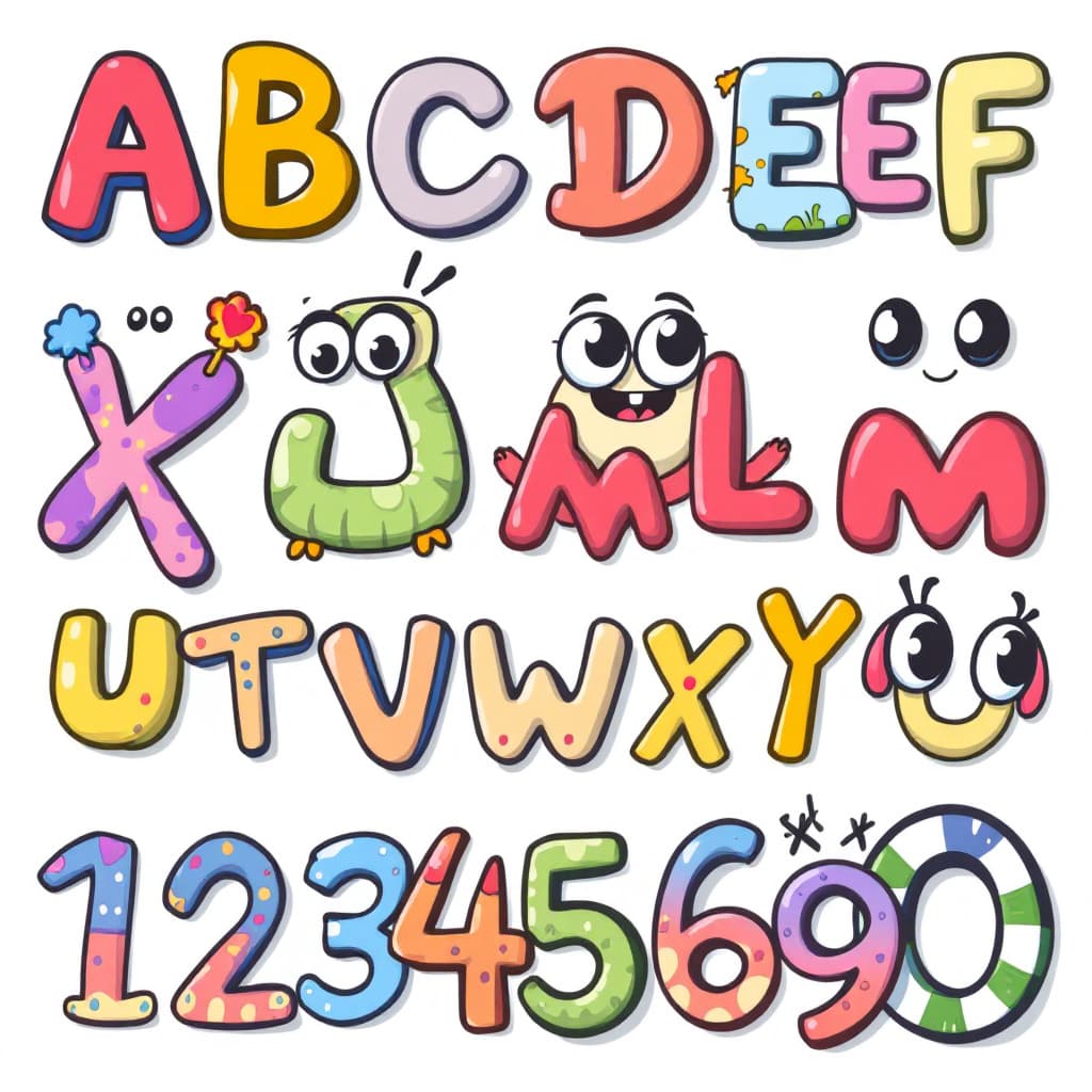 AI generated: a cartoon but cool alphabet, isolated on white background. show each letter from A - Z and numbers f...