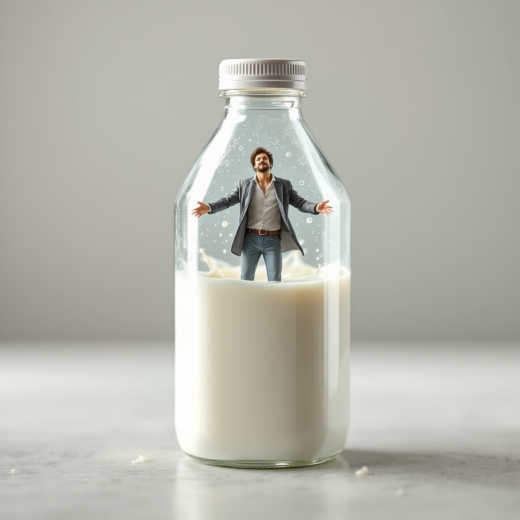 AI generated: A hexagonal bottle of crystal-clear plastic, half-filled with dense white milk, a miniature man floa...