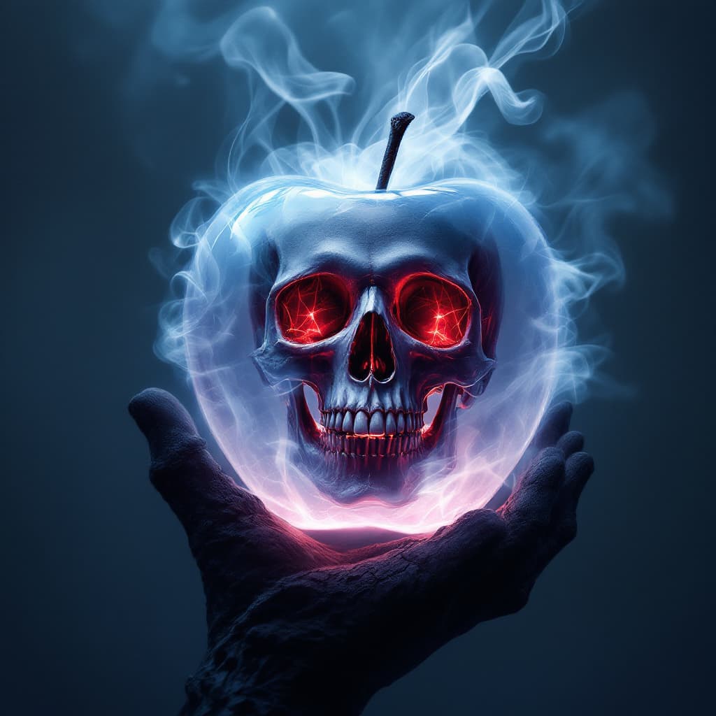 AI generated: skull and crossbones in a poison smoke  inside of a crystal apple, hyperdetailed double exposure fan...