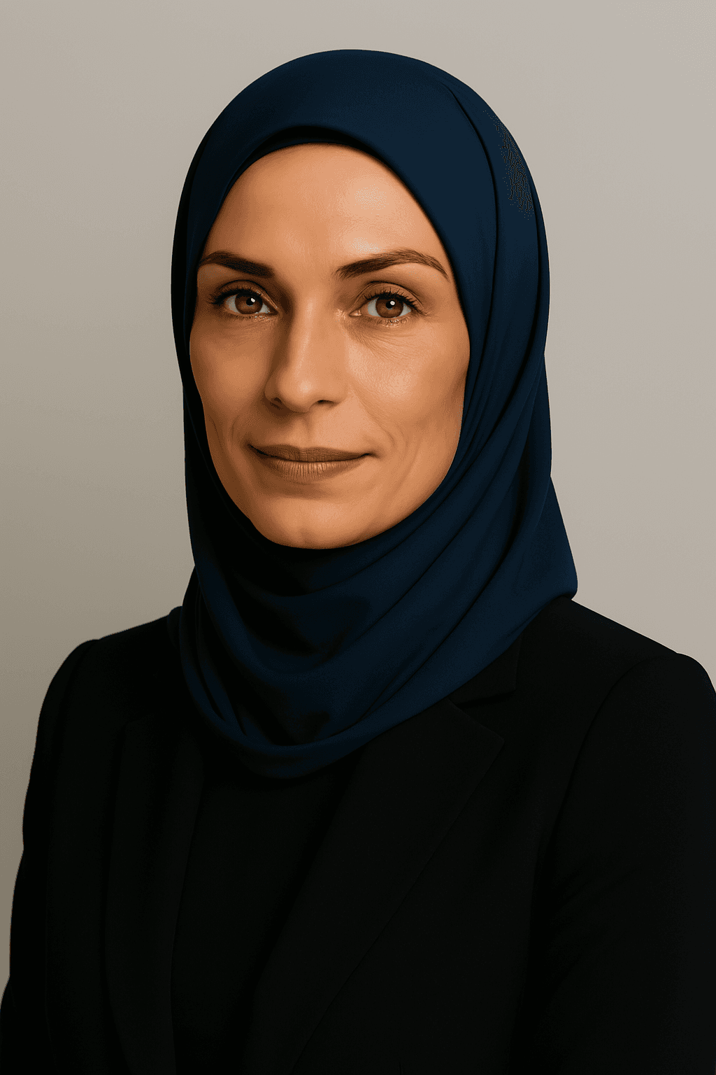 AI generated: Ultra-Detailed Character Description: Hijabi Podcast Presenter (Inspired by Famke Janssen as Jean Gr...