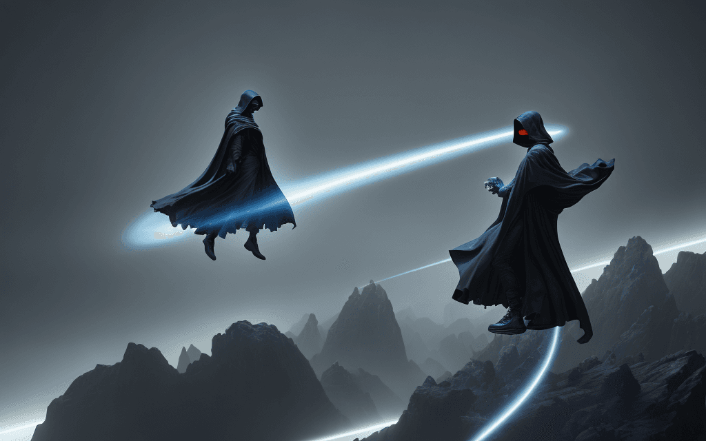 AI generated: levitating dark cloaked figure with Nike swoosh on cloak opening the void to infinity by Craig Mulli...