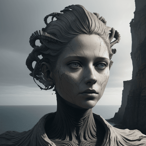 AI generated: art statue in cliffs, in the style of realistic hyper-detailed portraits, cryengine, detailed facial...