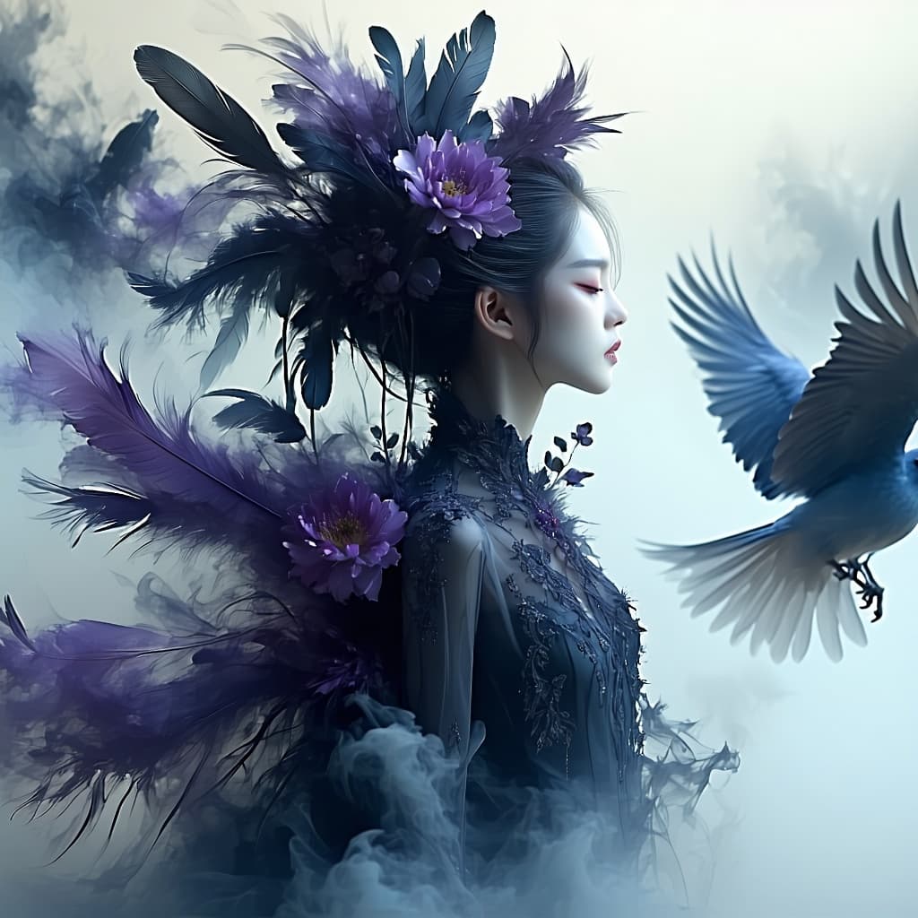 AI generated: She is an abyss of metamorphoses, created from feathers, flowers and mist. Magical realism, atmosphe...