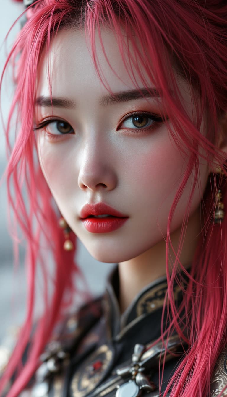 AI generated: Pretty Chinese Girl with magenta colored hair, A stunning minimalist 3D CG of a woman's face, thick ...