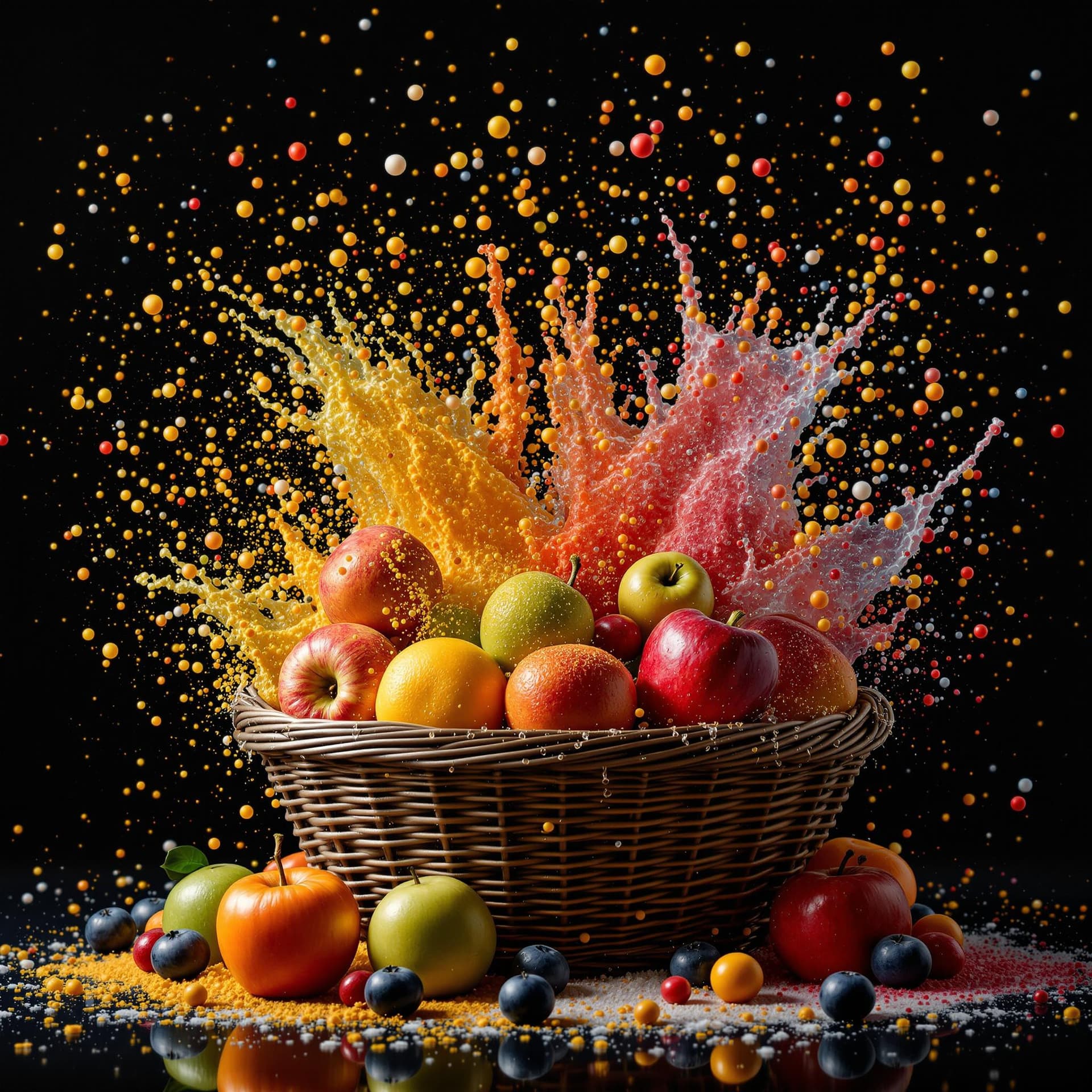 AI generated: a basket of colorful fruits, with extreme contrast, extreme details, explode with huge particles spl...