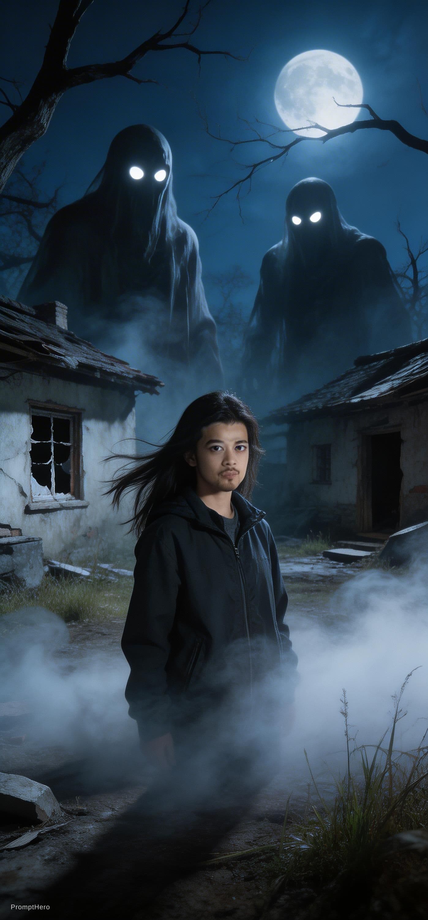 AI generated: Ultra detailed cinematic horror scene. A brave young girl standing in an old abandoned village at ni...