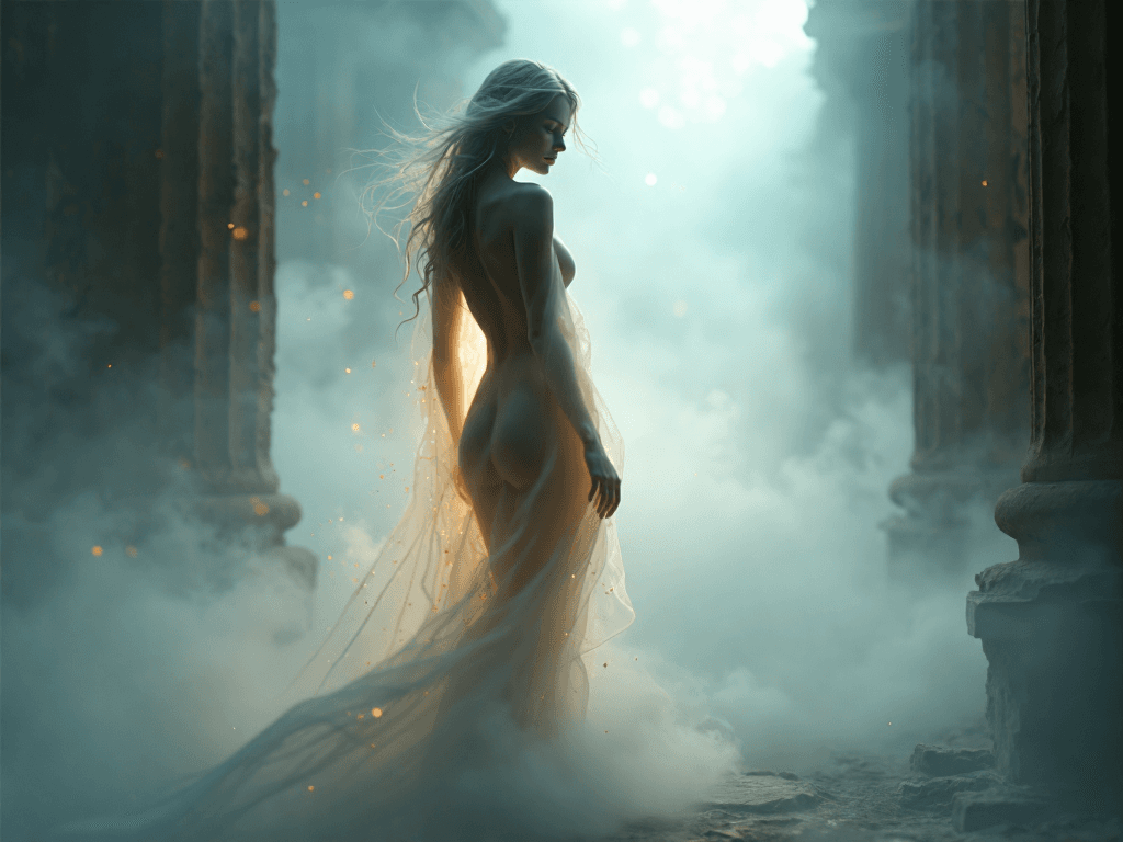 AI generated: A fine art, hyper-realistic, cinematic image of a nude ghostly woman standing gracefully amidst swir...