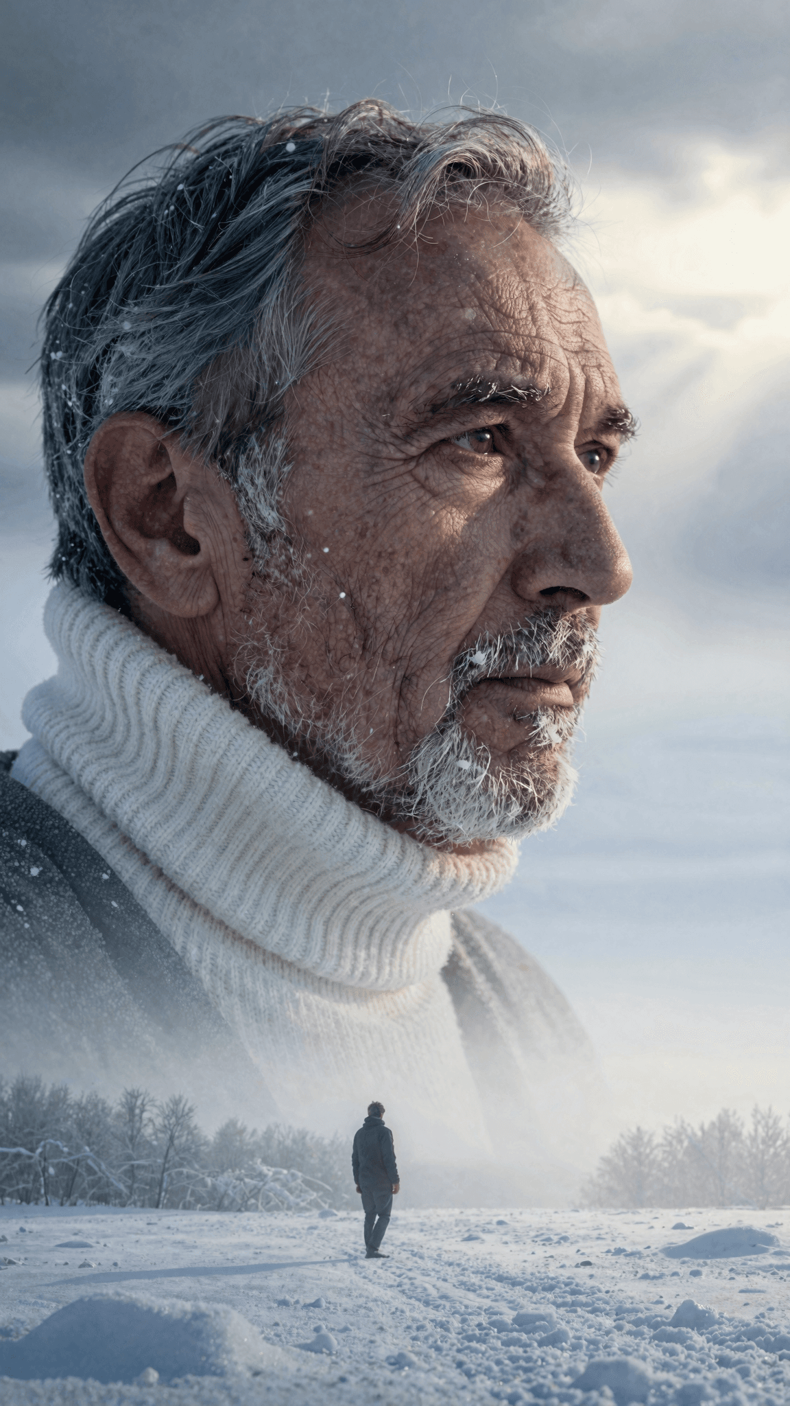 AI generated: A weathered man with deep-set eyes and a rugged beard flecked with gray, wearing a simple white wool...