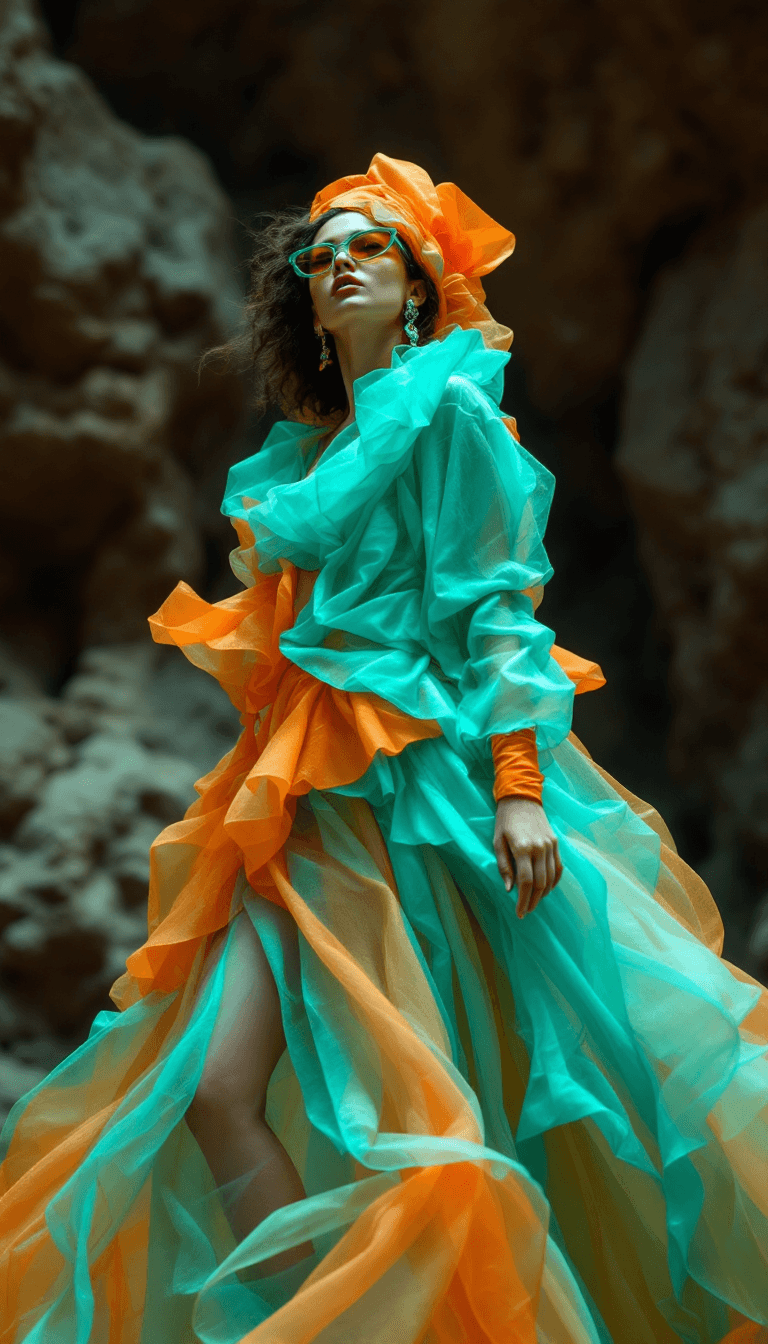 AI generated: high end fashion shoot, fashion, stunning model wearing extravagent futuristic foam and orange toned...