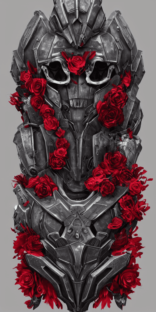 AI generated: full of gray metal armor on the white background, form of a human chest made of bones with a floral ...