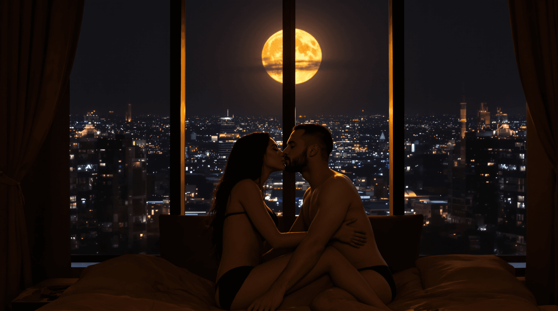 AI generated: image featuring a romantic, intimate scene set against a nighttime cityscape. A couple is seated ver...