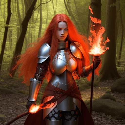 AI generated: Gorgeous female fire genasi, long hair made of fire, plate armor, shield, and firey whip. In a sunny...
