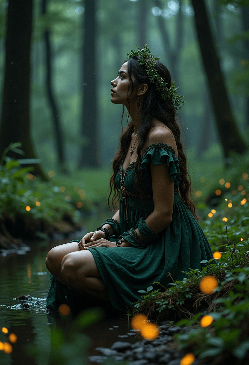 AI generated: Forest witch of stunning beauty sits on the banks of a small forest creek at night. wearing a forest...