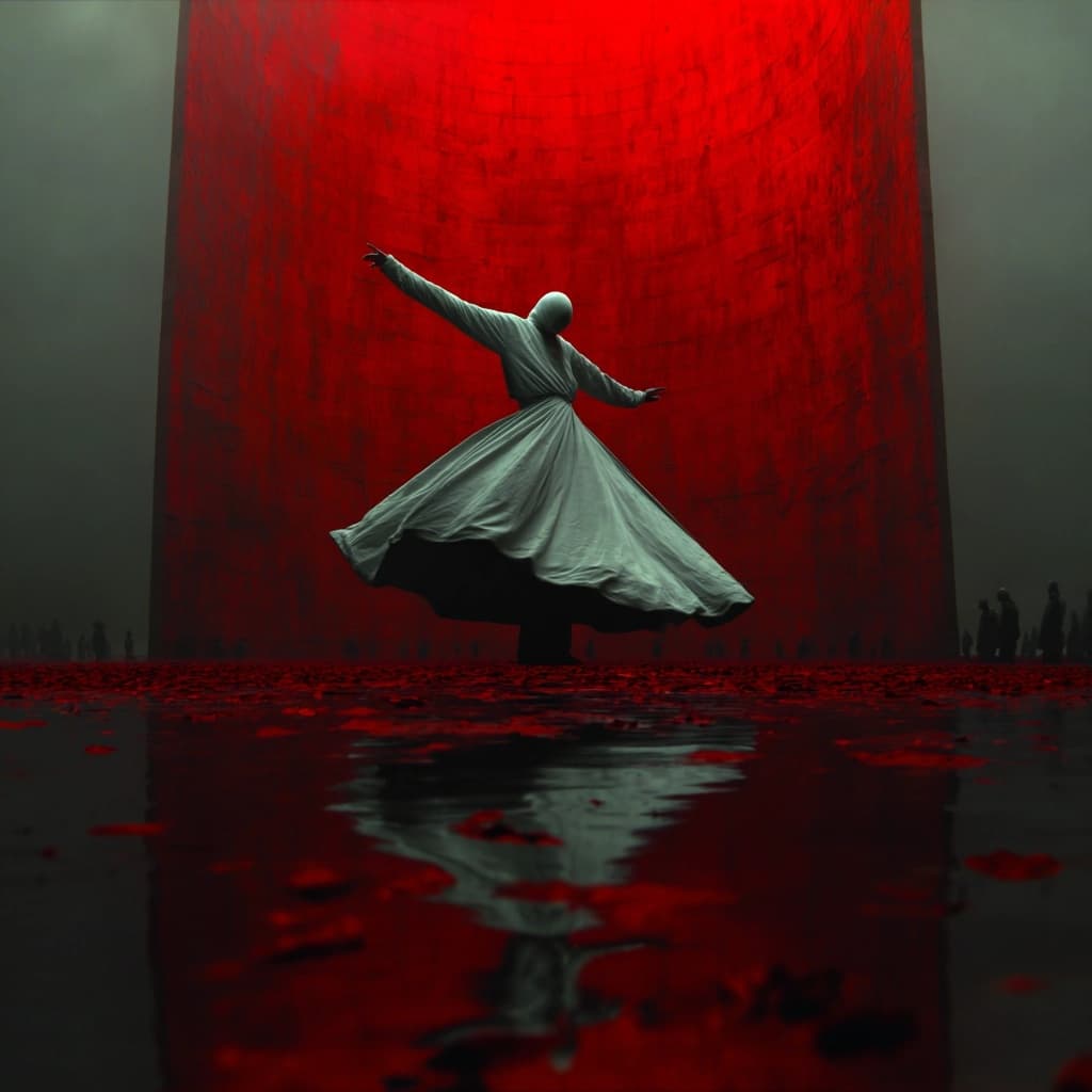 AI generated: Sufi whirling meditation, dervish in flowing white robes spinning gracefully, arms extended in spiri...