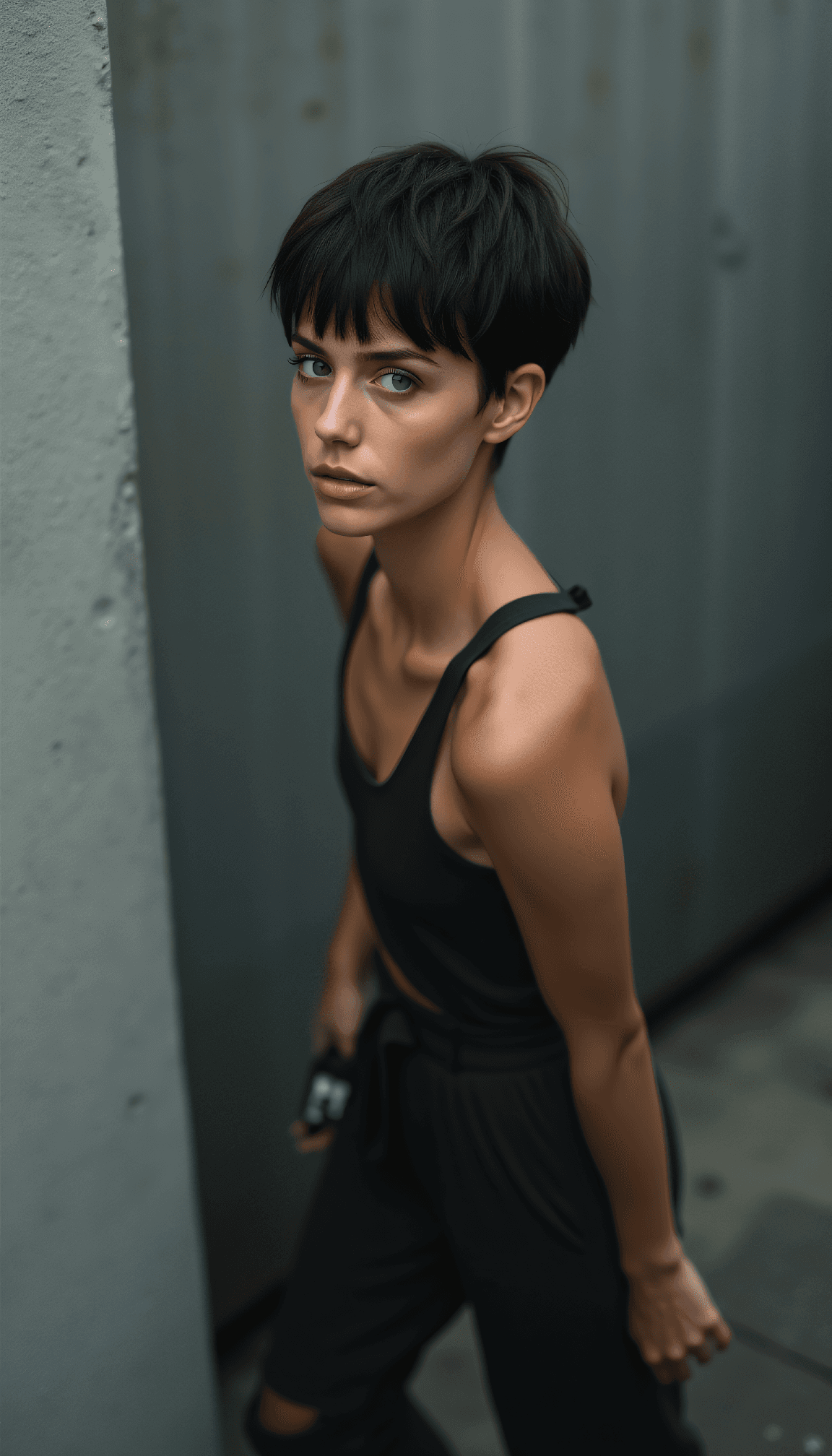AI generated: beauty, Brutalist high Fashion high angle photo of a 24 year old Ulster Scots-Albanian female elegan...