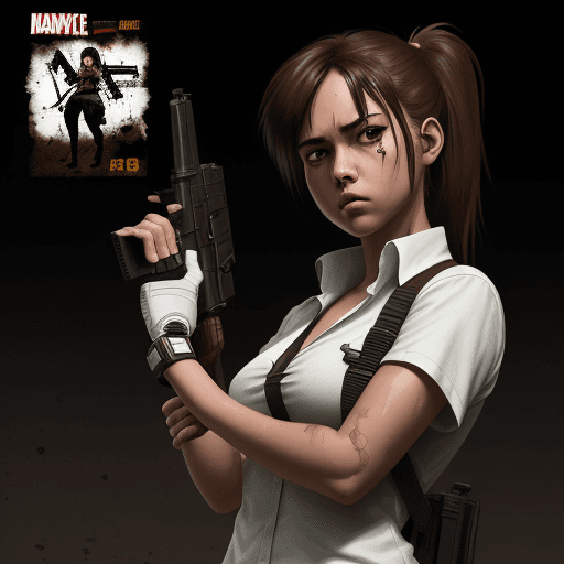 AI generated: a girl with white shirt and gun, in the style of comic book-style art, rendered in maya, junglecore,...