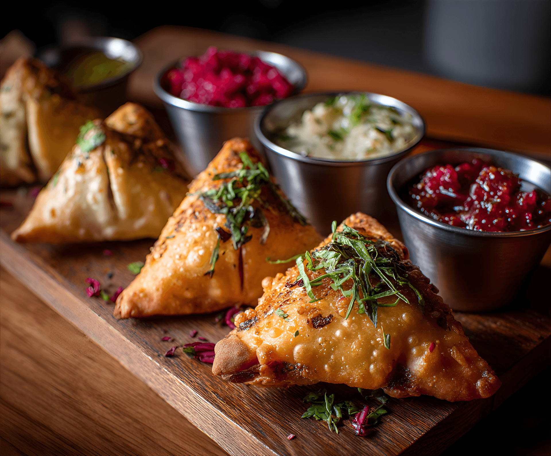 AI generated: Several golden-brown, triangular samosas are arranged on a wooden platter.  The samosas are topped w...