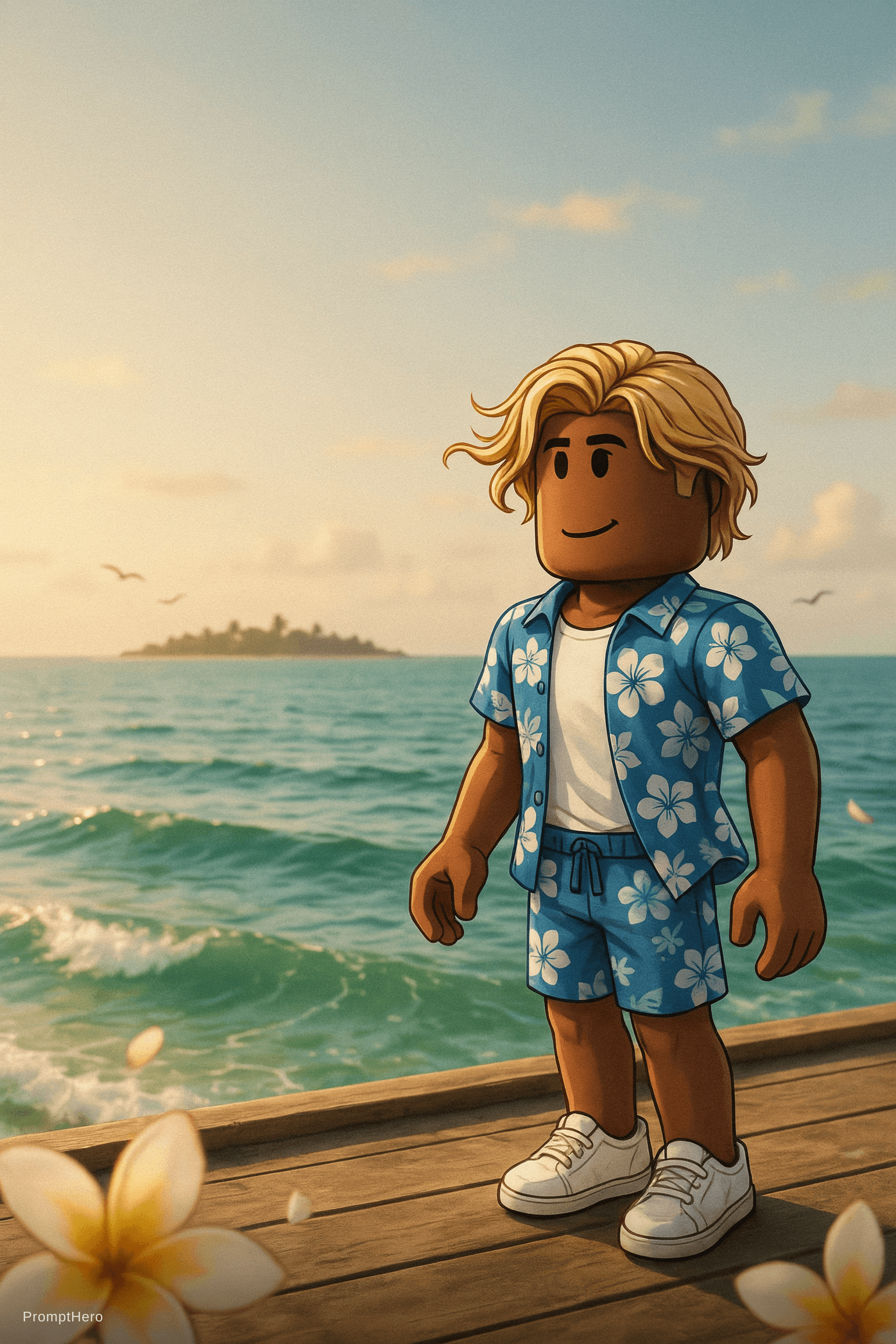 AI generated: Anime/fanart ilustration of a roblox avatar, dark skin blonde hair (wavy,parted). Wearing a blue haw...