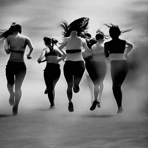 AI generated: black and white photograph of women running, in the style of intense gaze, hauntingly beautiful, ric...