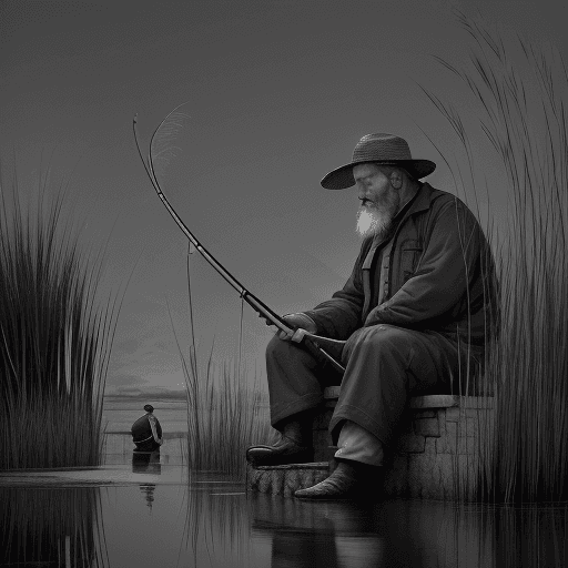 AI generated: "a fisherman sits on a masonry in the reeds and sleeps soundly, his fishing rod has fallen into the ...