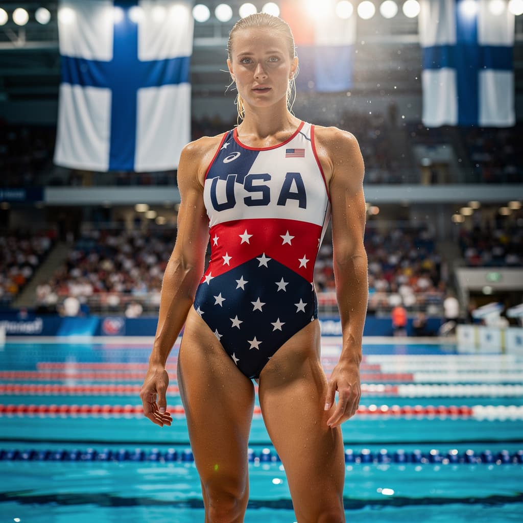 AI generated: A hyper-realistic full-body shot of a stunning female professional swimmer of Nordic descent, wearin...