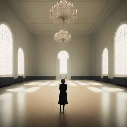 AI generated: a woman standing alone in a bright but empty ballroom 