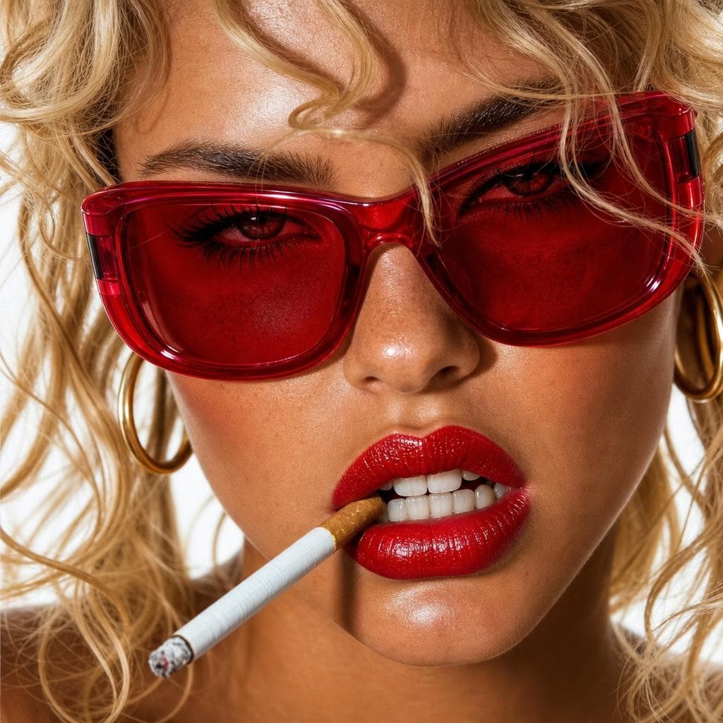 AI generated: {
  "subject": {
    "gender": "female",
    "pose": "extreme close-up of face, lips parted biting c...