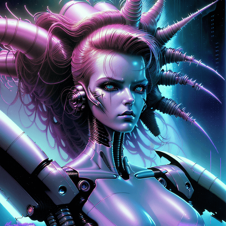 AI generated: a perfect Beautiful Amazing!! Masterpiece!! android female retrowave synthwave cyborg, space age, lo...