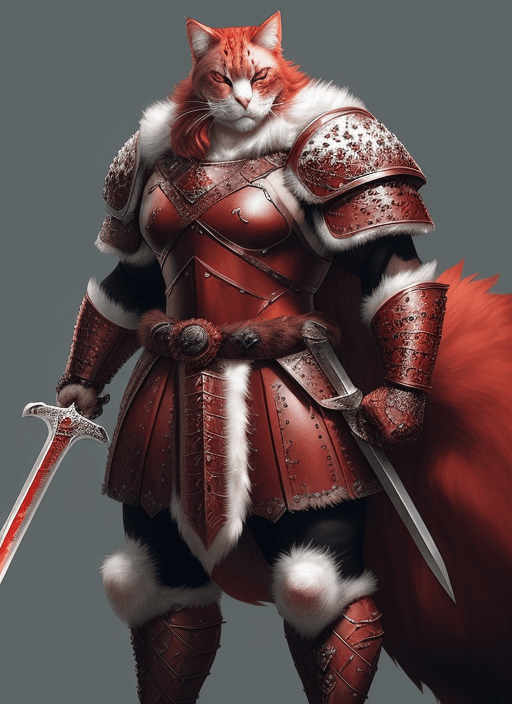AI generated: Red cat with a shield, sword and armor, Barbarian Goliath in fur, fur armor, wearing intricate fur a...