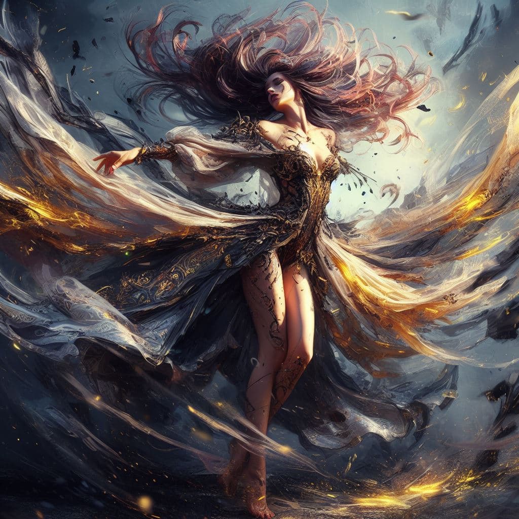 AI generated: painterly style, badass beautiful gothic woman dancing spinning around dynamicaly, character design,...