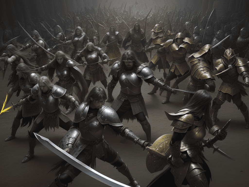 AI generated: a fantasy battle scene, showcasing a group of warriors engaged in combat against a formidable foe. T...