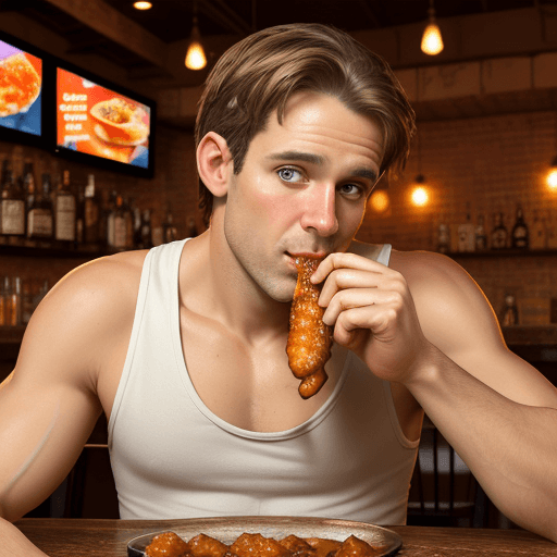 AI generated: white man woth brown eyes in a tank top eating chicken wings at a bar called Casa Ivan
