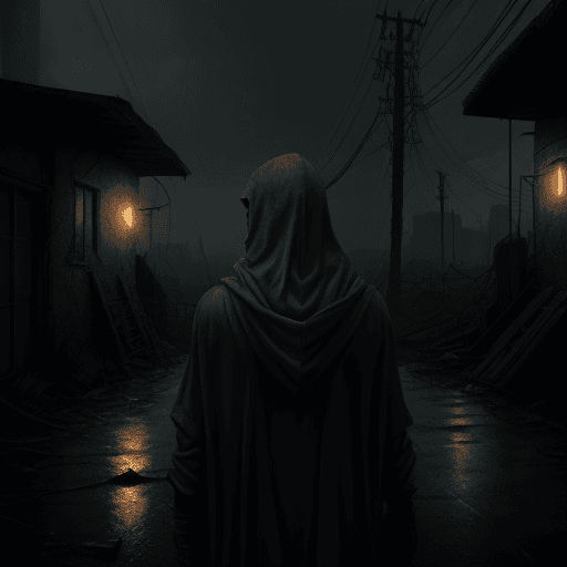 AI generated: Realistic image of post-apocalyptic city. Hooded person from the back. Rain, night, no electricity a...