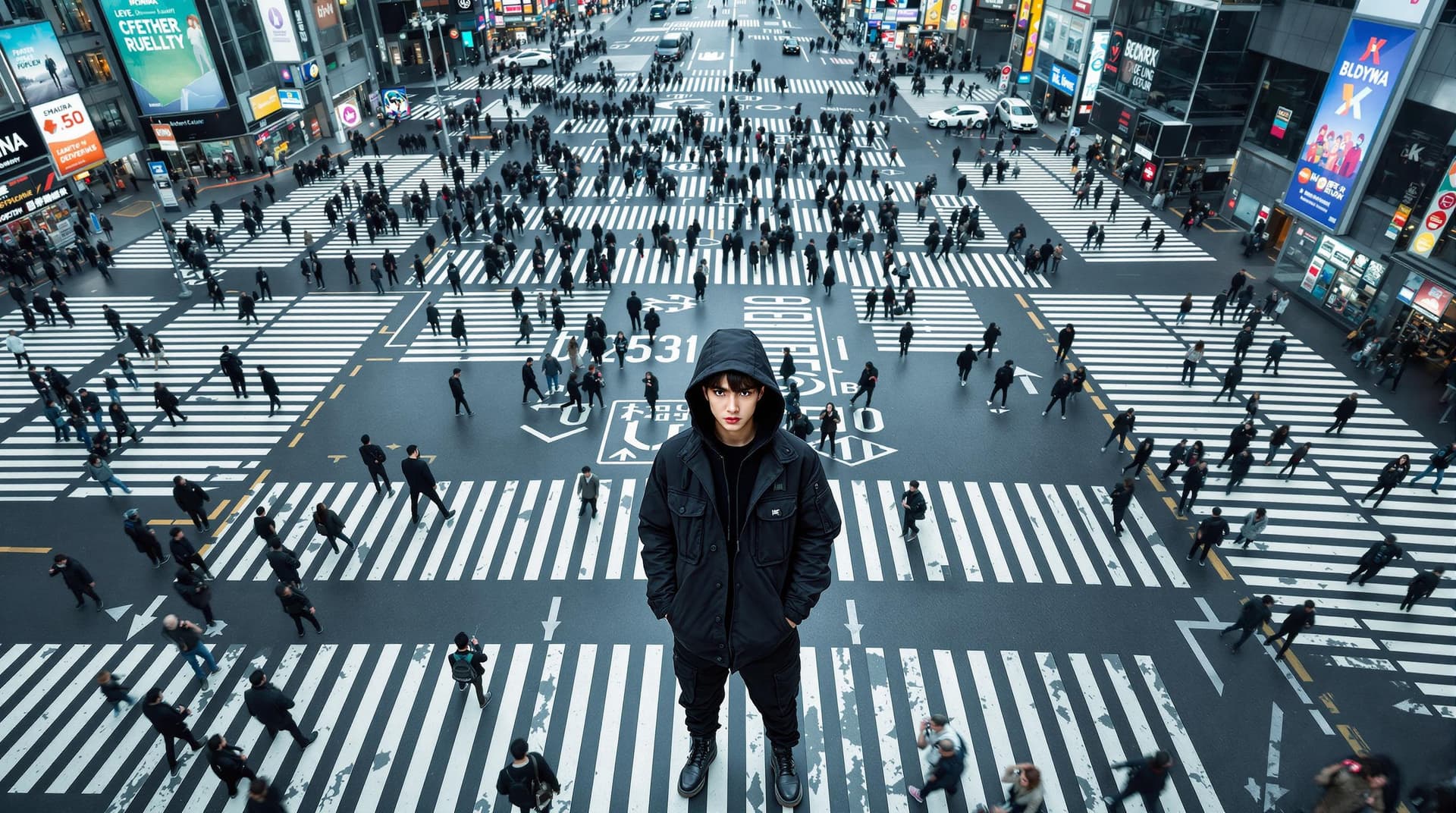 AI generated: Photography, high aerial view, korean model, standing on massive a complicated crosswalk center insp...