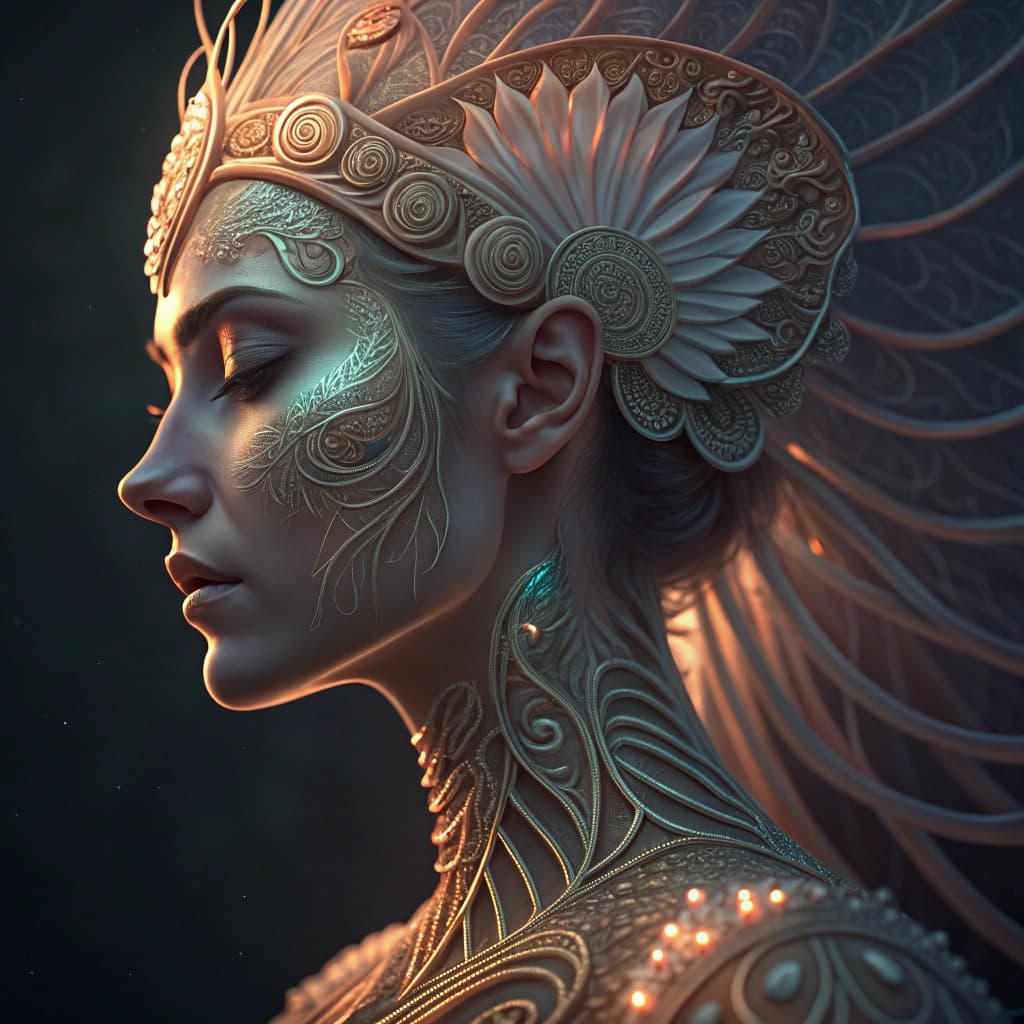 AI generated: Goddess close-up portrait ribcagel. jellyfish phoenix head, nautilus, orchid, skull, betta fish, bio...