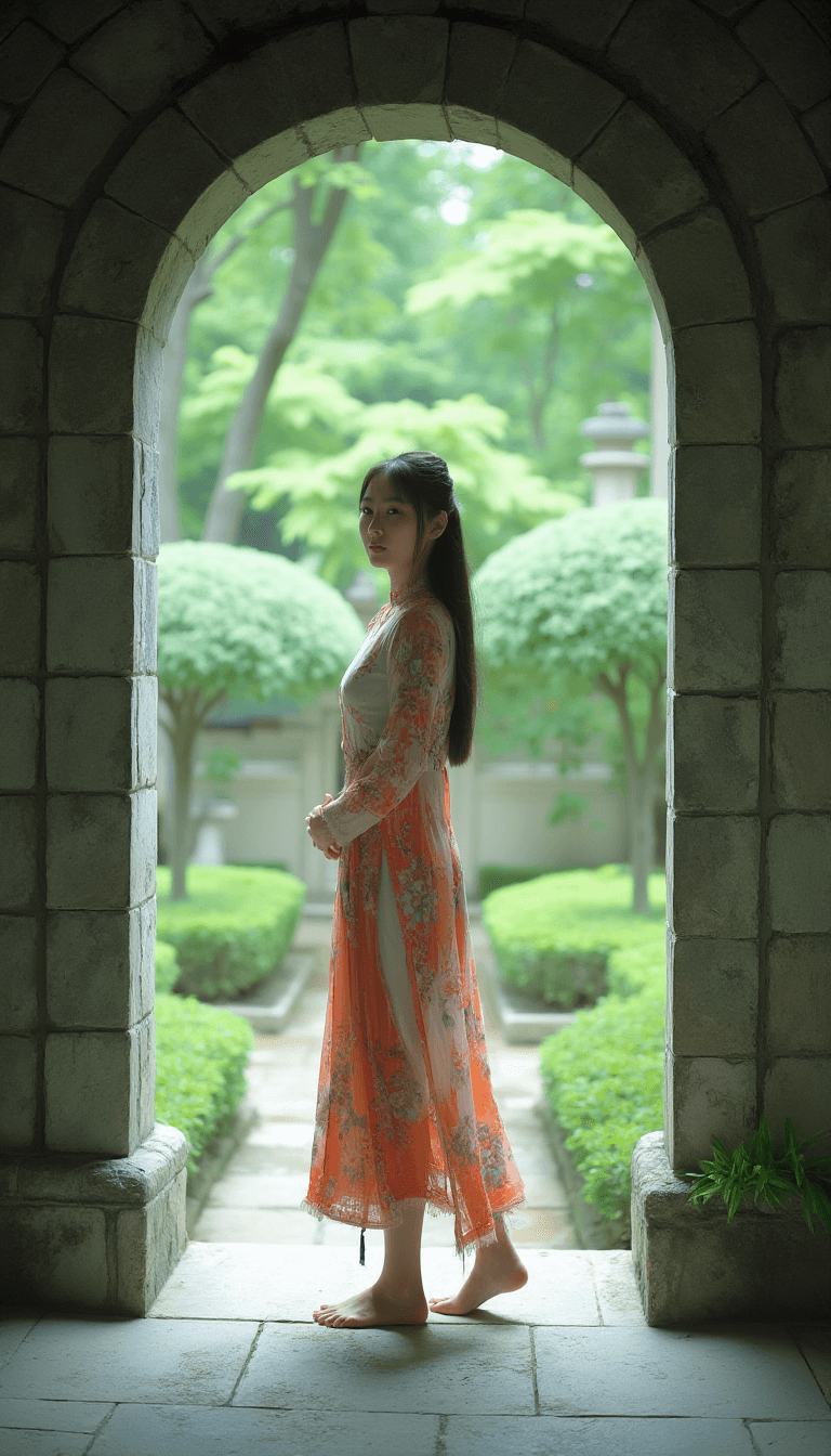 AI generated: In the tranquil setting of a stone archway, a young woman stands as the focal point of this image. S...