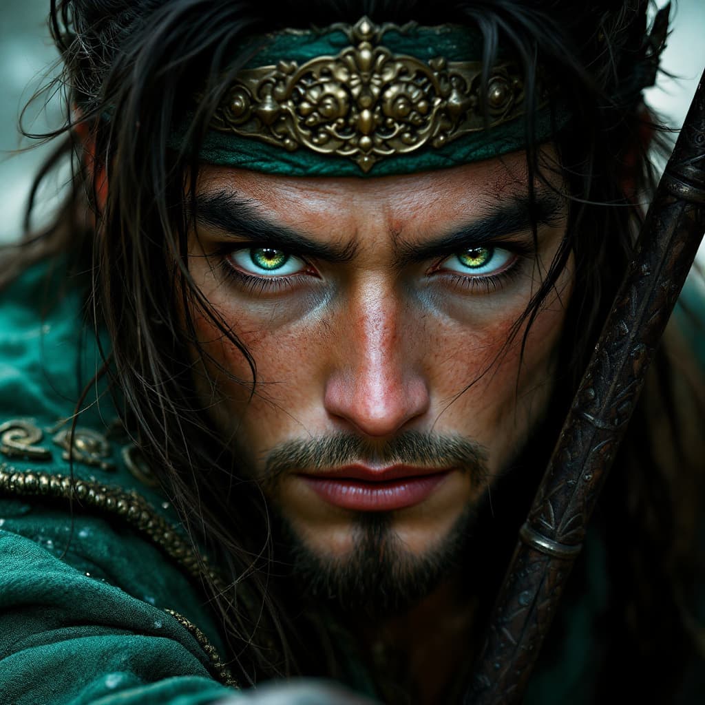 AI generated: hyper-realistic (fabled character tale1:3) a midage warrior, with detailed eyes, green clothes his l...
